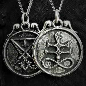 Double Sided Occult Sigil Pendant | Lucifer & Leviathan Symbols | Esoteric Pewter Necklace