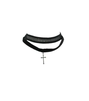 Elasticated Lace Choker &amp; Velvet Choker with Hanging Cross