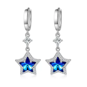 Fashion Blue Sapphire Star Crystal Drop Earrings - 925 Sterling Silver