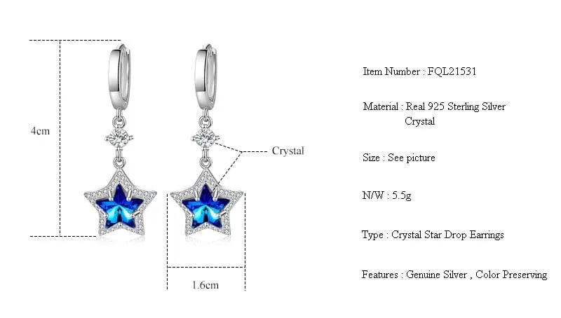 Fashion Blue Sapphire Star Crystal Drop Earrings - 925 Sterling Silver