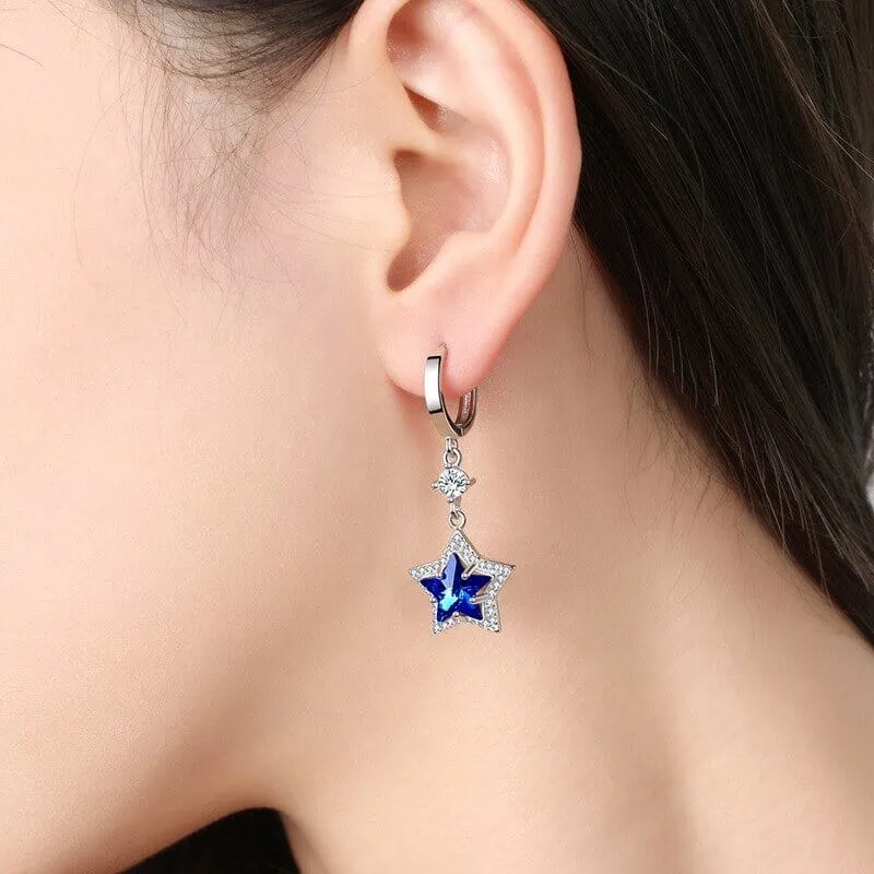 Fashion Blue Sapphire Star Crystal Drop Earrings - 925 Sterling Silver