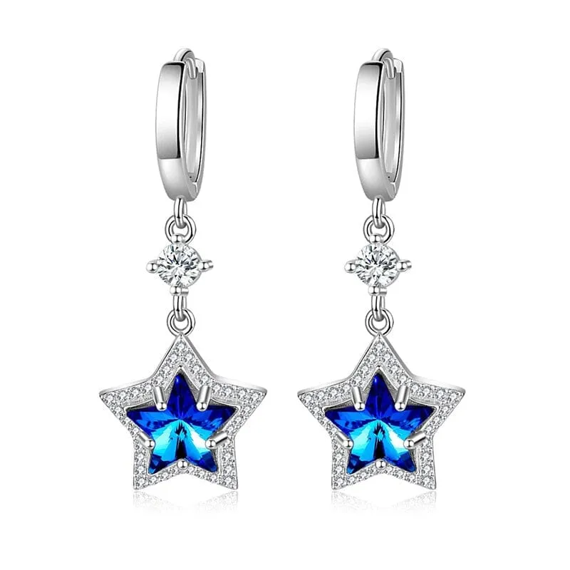 Fashion Blue Sapphire Star Crystal Drop Earrings - 925 Sterling Silver