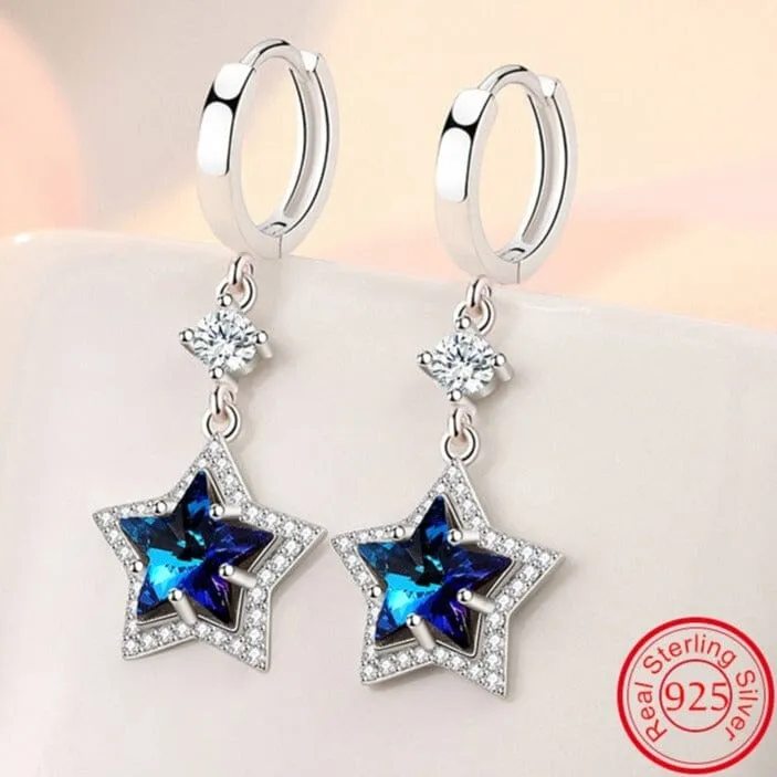 Fashion Blue Sapphire Star Crystal Drop Earrings - 925 Sterling Silver