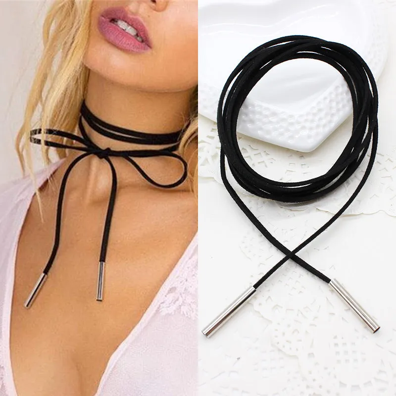 Fashion bohemia Black leather choker Necklace Velvet layer torque hollow tube statement Long rope collier Gothic Charms jewelry