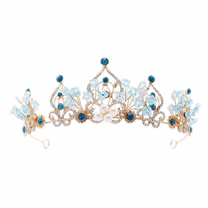 Fashionable blue forest style bridal headdress, elegant crown, wedding dress, necklace, earrings, three-piece set of accessories for women