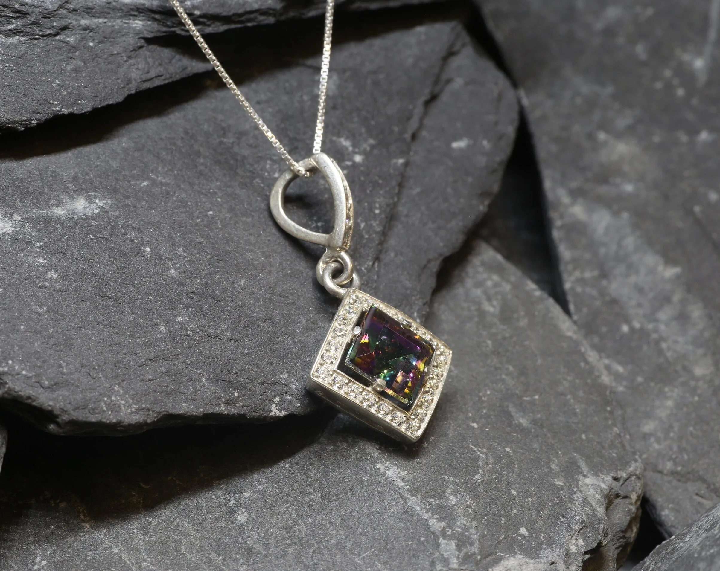 Genuine Topaz Necklace - Mystic Topaz Pendant - Purple Square Necklace