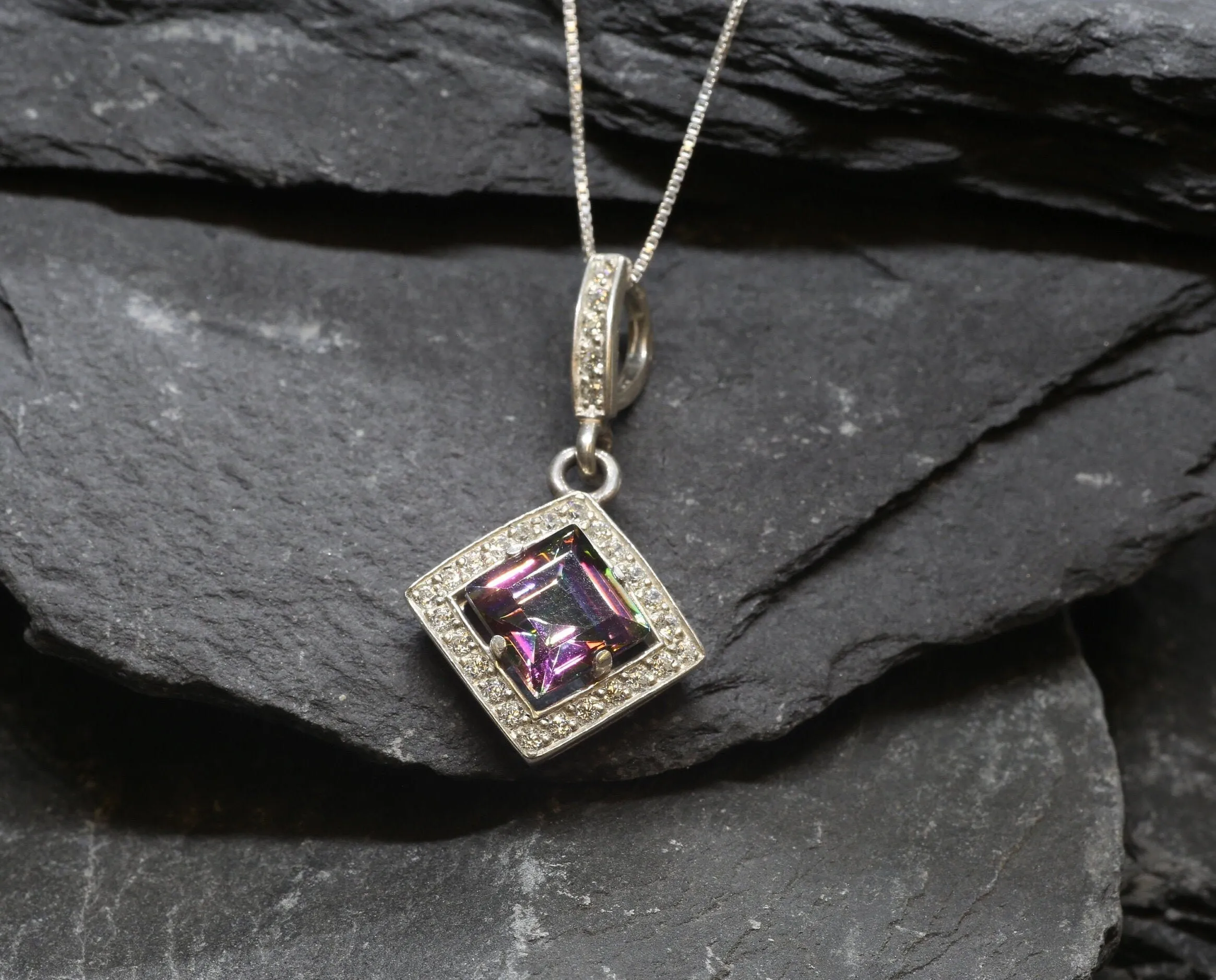 Genuine Topaz Necklace - Mystic Topaz Pendant - Purple Square Necklace