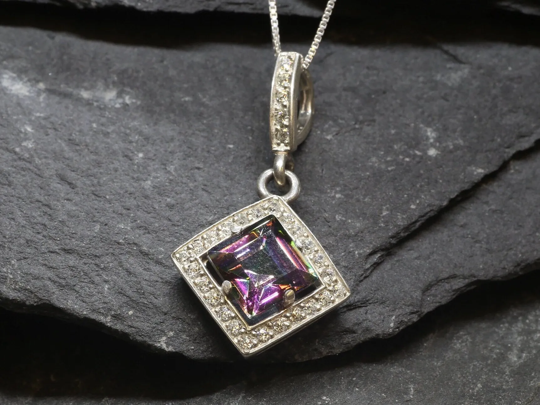 Genuine Topaz Necklace - Mystic Topaz Pendant - Purple Square Necklace