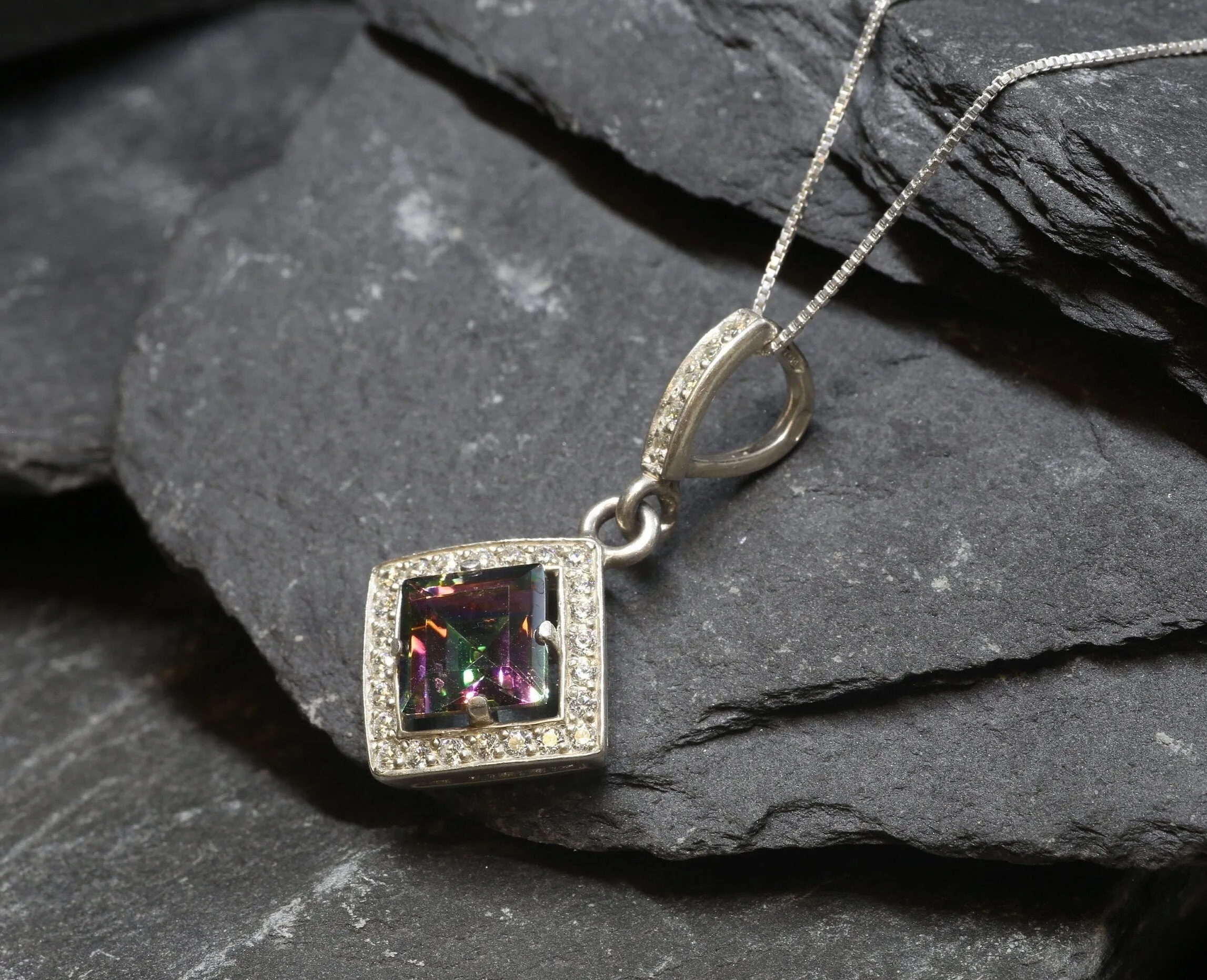 Genuine Topaz Necklace - Mystic Topaz Pendant - Purple Square Necklace