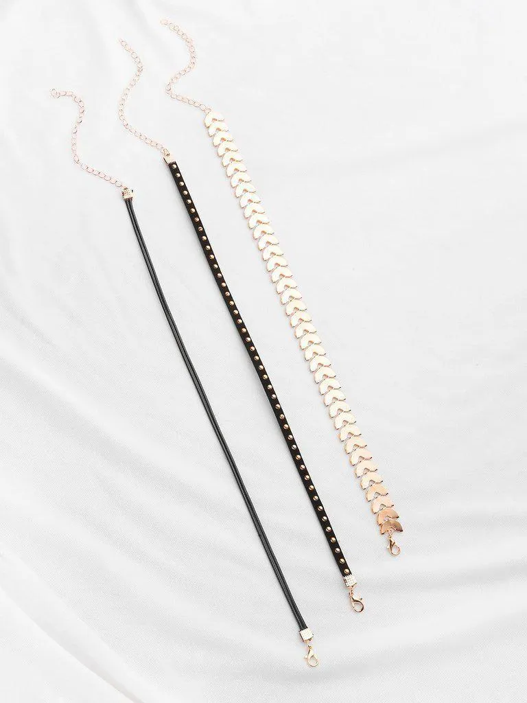 Geometric Chain And Beaded Velvet Choker Set