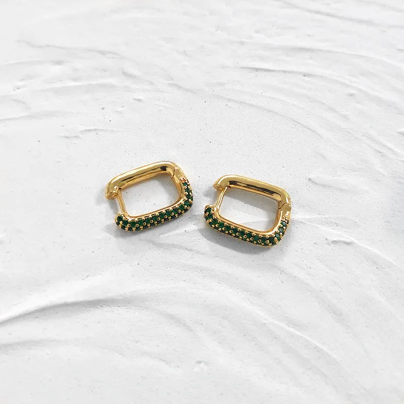 Geometric Gold Square Hoop Earrings with Green  Crystal Detailing-jlt11555