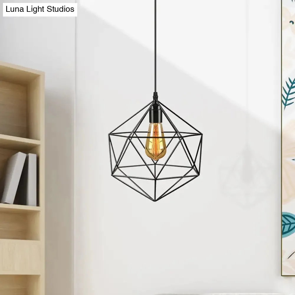 Geometric Metal Pendant Light - Industrial Living Room Hanging Light in Black/White - 3 Sizes Available