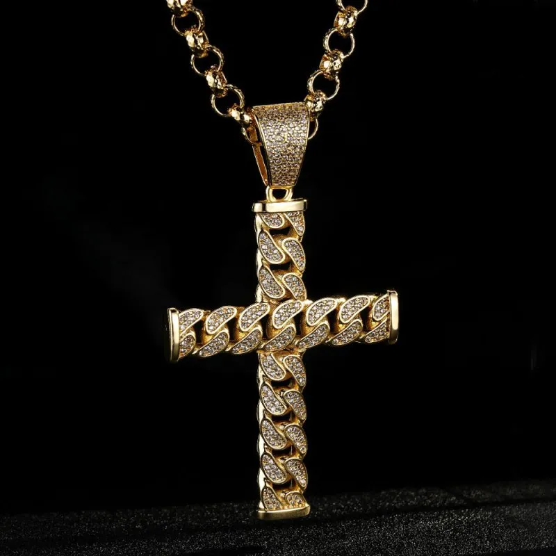 Gold Curb Cuban Cross Pendant 22 Inch 8mm Belcher Chain