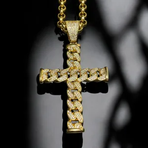 Gold Curb Cuban Cross Pendant 22 Inch 8mm Belcher Chain