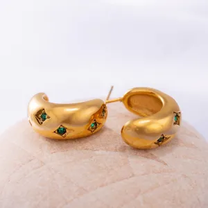 Gold Earrings Huggie with Green Crystals