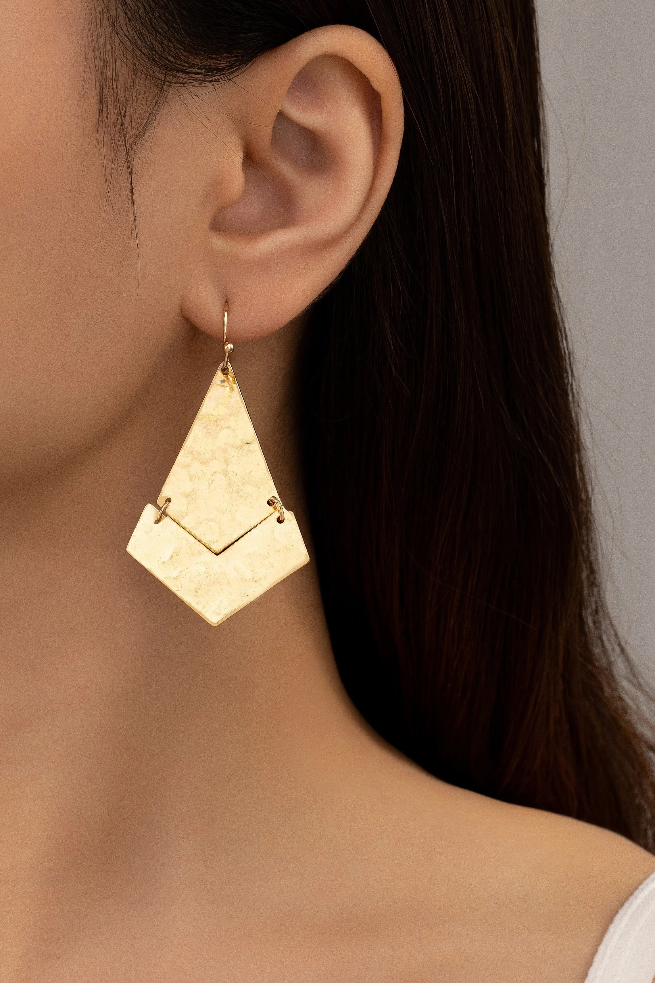 Gold Hammered Metal Geo Shape Drop Earrings