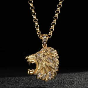 Gold Lion Head Pendant 22 Inch 5mm Belcher Chain