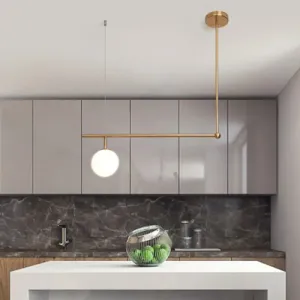 Gold Right Angled Bar Hanging Light Kit - Minimalist Pendant Lamp with Opal Glass Shade