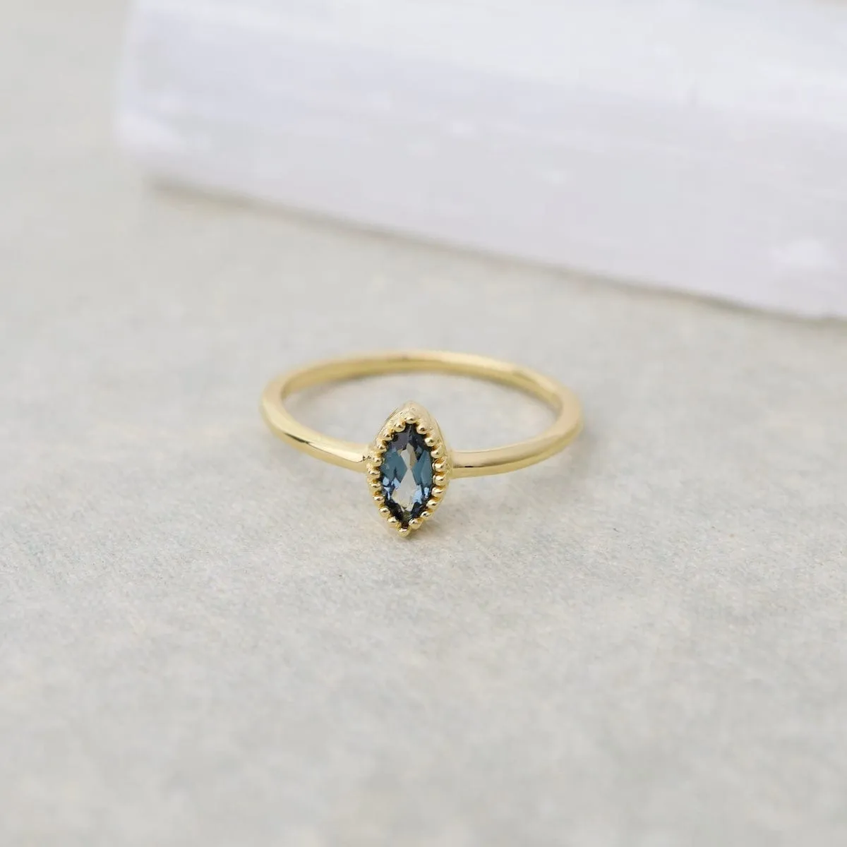 Gold Vermeil Marquis Cut Milgrain Edge London Blue Topaz Ring