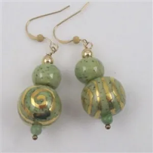 Handmade Beaded Earrings Green & Gold African Kazuri Beads