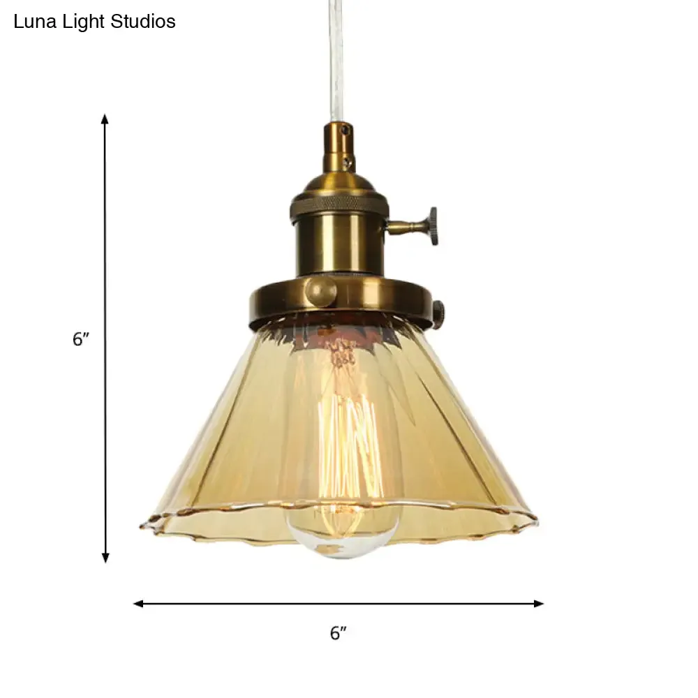 Height-Adjustable 1-Light Industrial Conic Pendant Lamp with Amber/Clear Glass for Coffee Shops - Available in Black, Bronze, and Brass