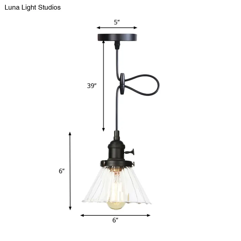 Height-Adjustable 1-Light Industrial Conic Pendant Lamp with Amber/Clear Glass for Coffee Shops - Available in Black, Bronze, and Brass