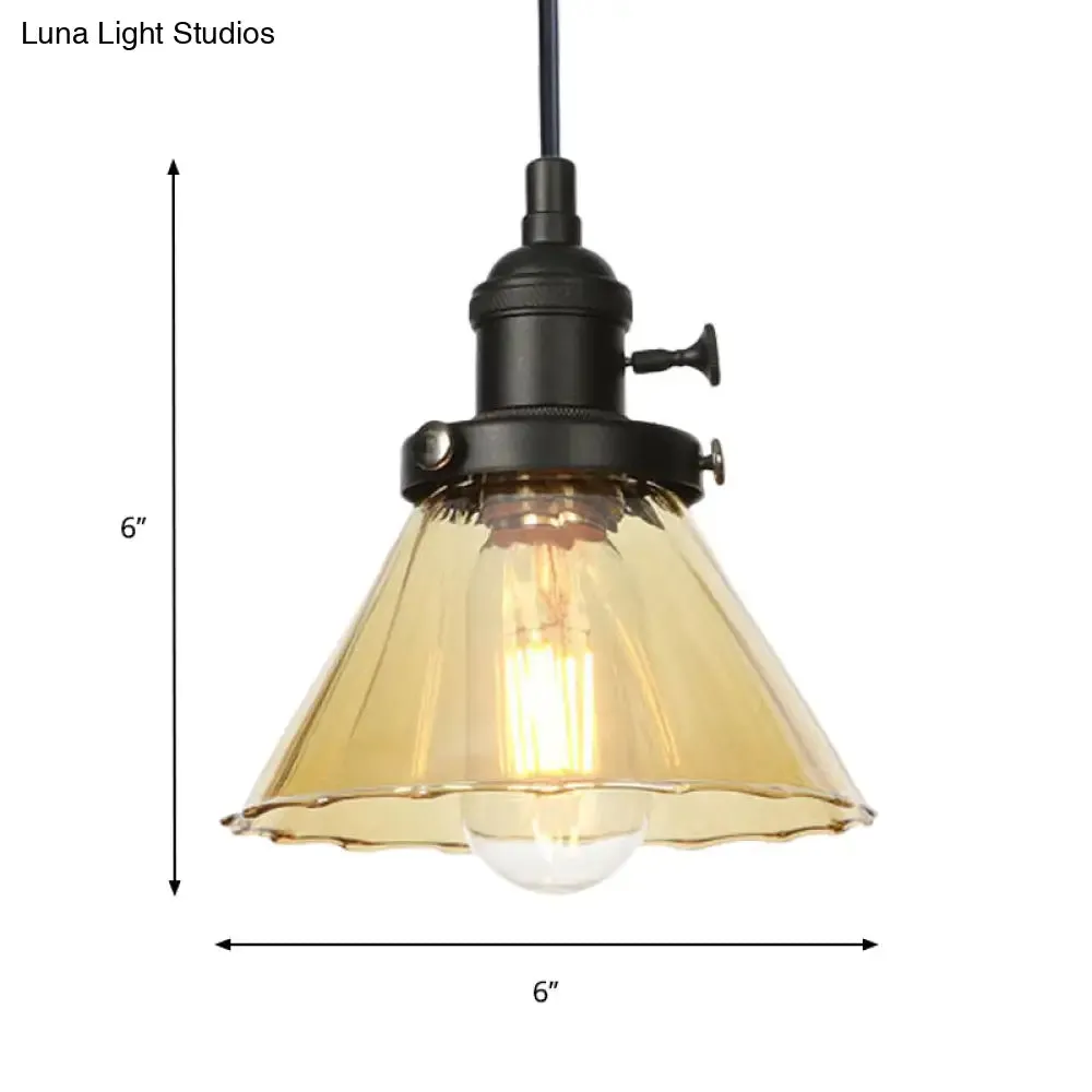 Height-Adjustable 1-Light Industrial Conic Pendant Lamp with Amber/Clear Glass for Coffee Shops - Available in Black, Bronze, and Brass