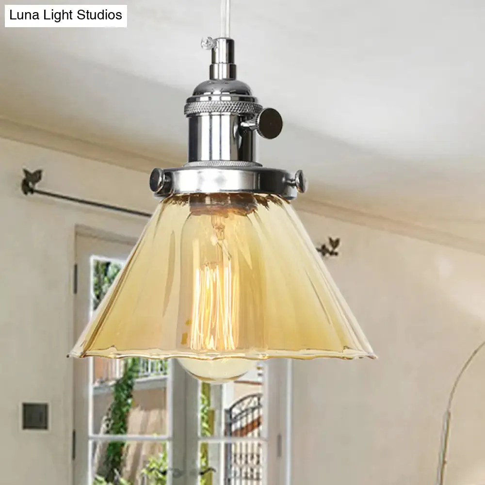 Height-Adjustable 1-Light Industrial Conic Pendant Lamp with Amber/Clear Glass for Coffee Shops - Available in Black, Bronze, and Brass