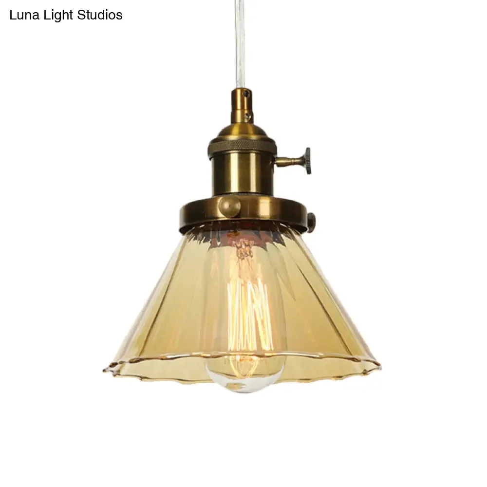 Height-Adjustable 1-Light Industrial Conic Pendant Lamp with Amber/Clear Glass for Coffee Shops - Available in Black, Bronze, and Brass