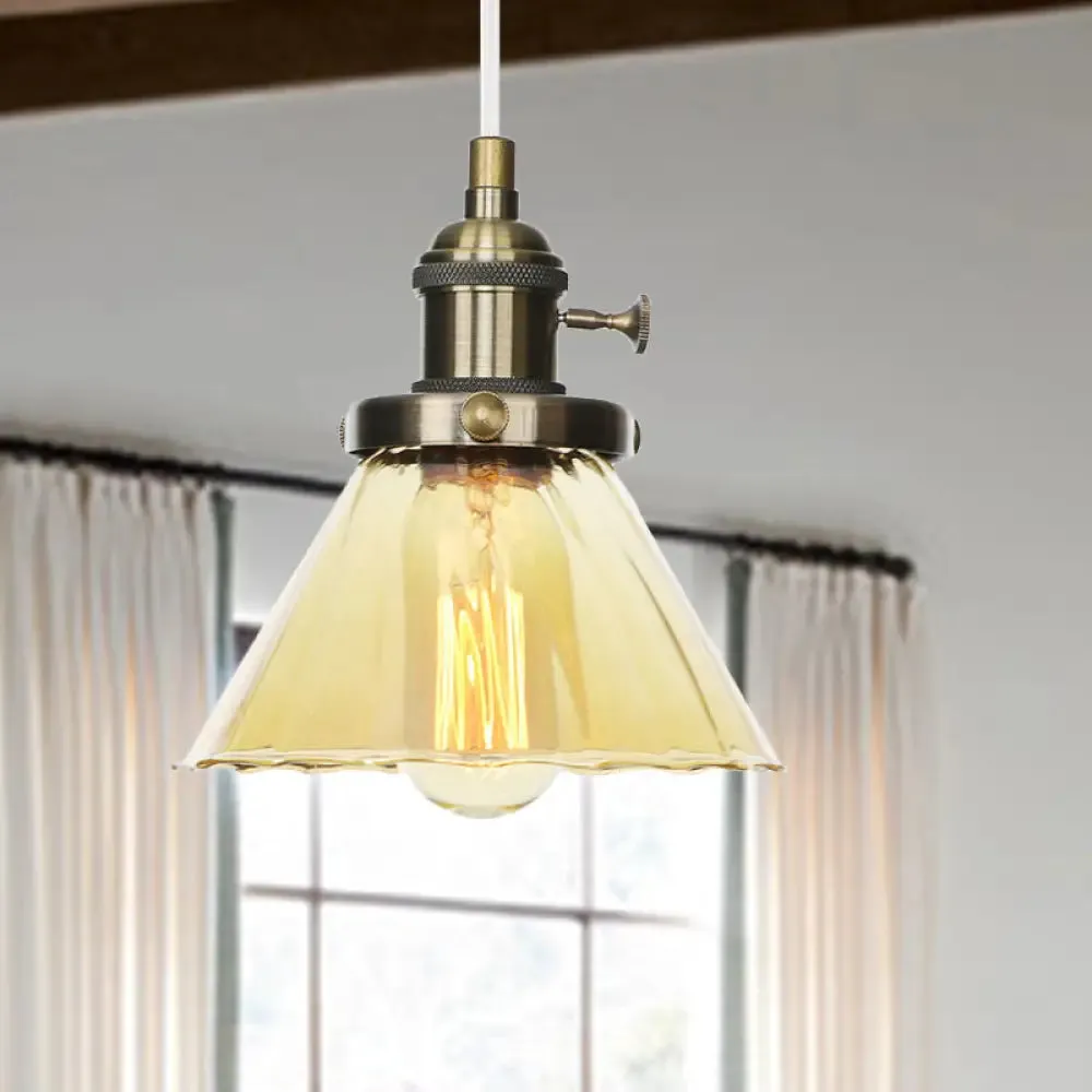 Height-Adjustable 1-Light Industrial Conic Pendant Lamp with Amber/Clear Glass for Coffee Shops - Available in Black, Bronze, and Brass