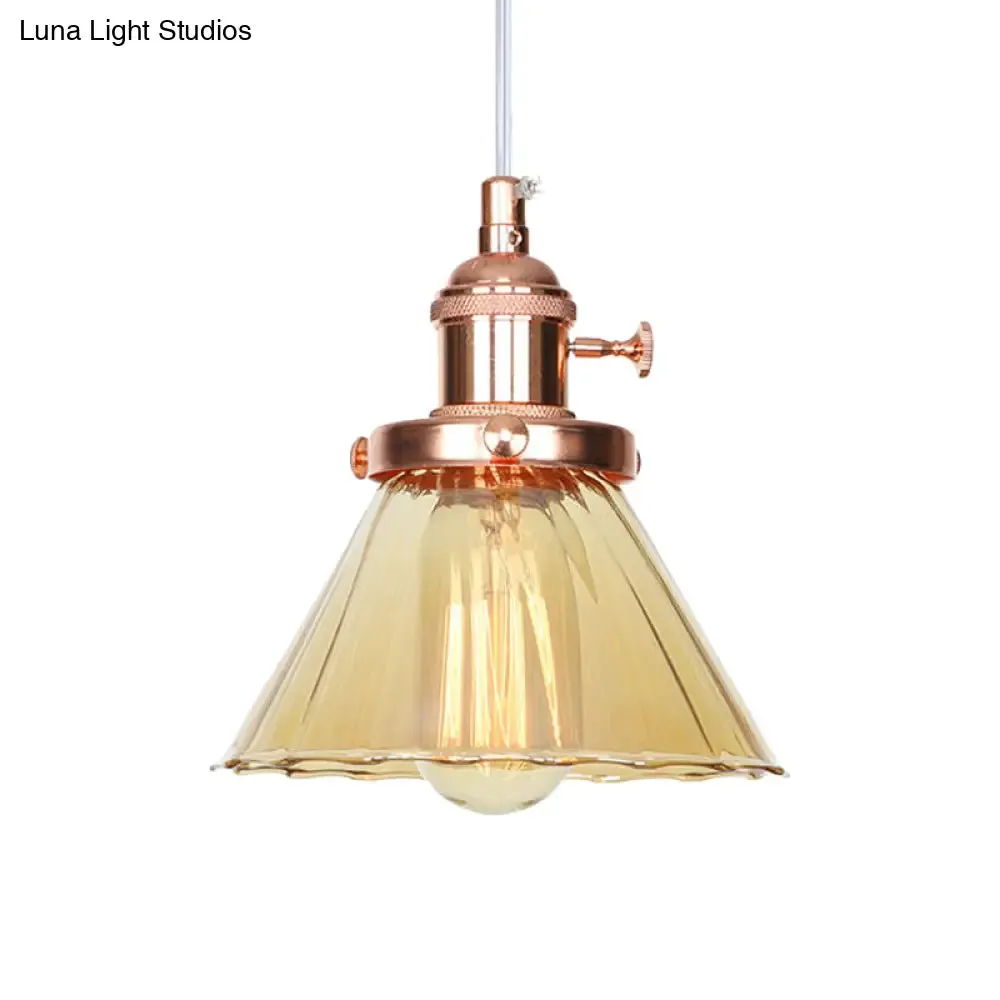 Height-Adjustable 1-Light Industrial Conic Pendant Lamp with Amber/Clear Glass for Coffee Shops - Available in Black, Bronze, and Brass