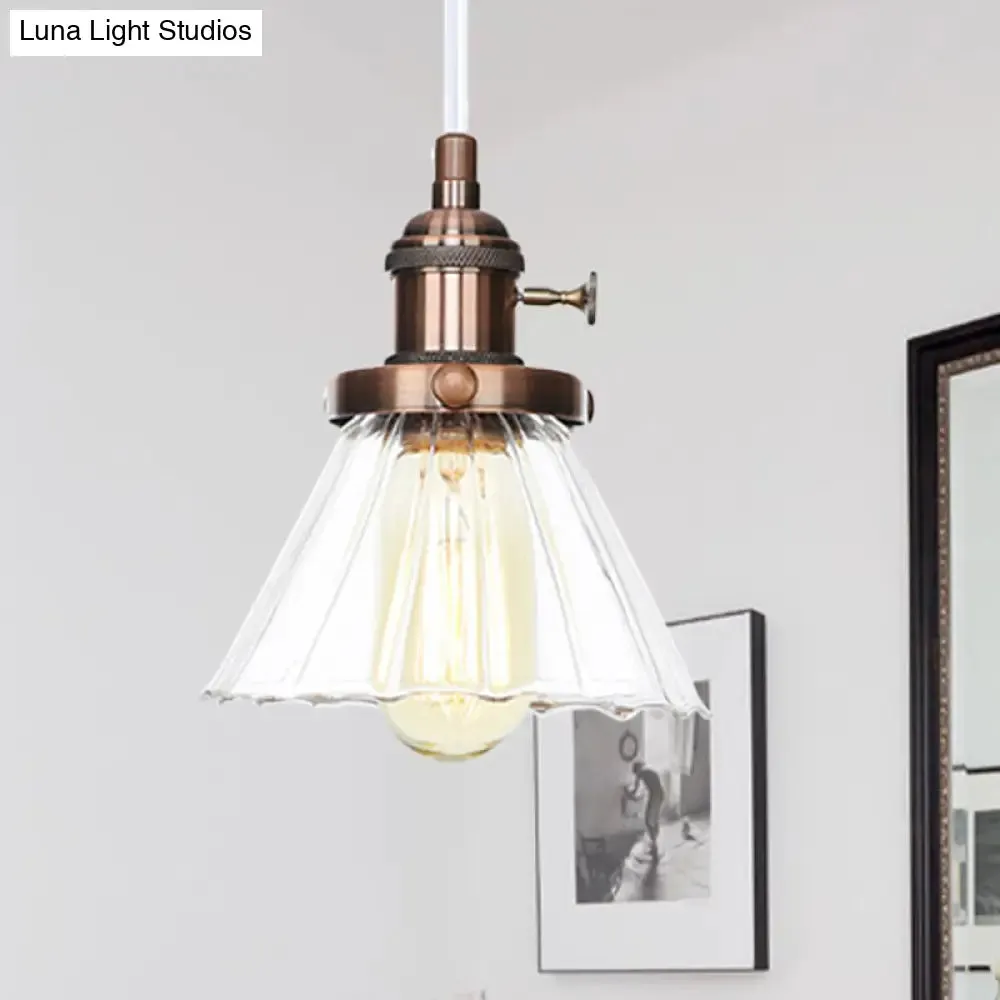 Height-Adjustable 1-Light Industrial Conic Pendant Lamp with Amber/Clear Glass for Coffee Shops - Available in Black, Bronze, and Brass