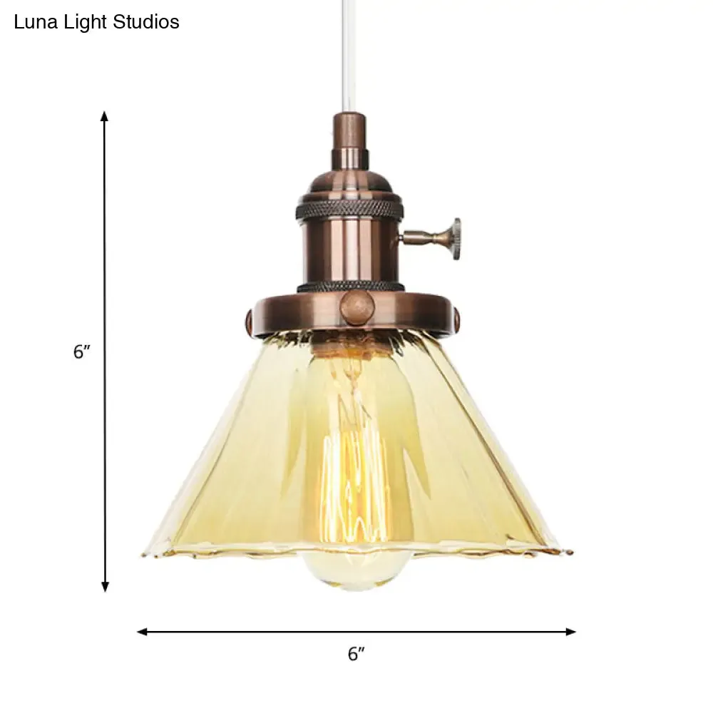 Height-Adjustable 1-Light Industrial Conic Pendant Lamp with Amber/Clear Glass for Coffee Shops - Available in Black, Bronze, and Brass