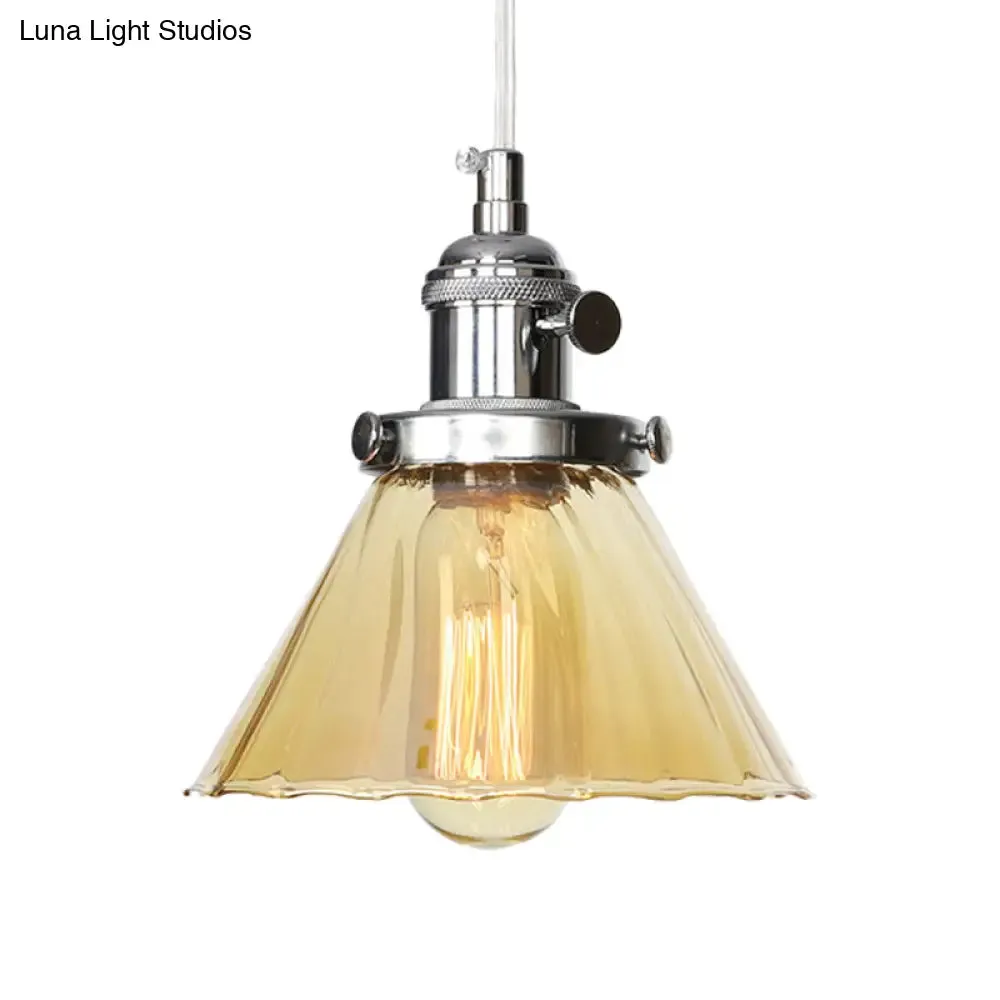 Height-Adjustable 1-Light Industrial Conic Pendant Lamp with Amber/Clear Glass for Coffee Shops - Available in Black, Bronze, and Brass