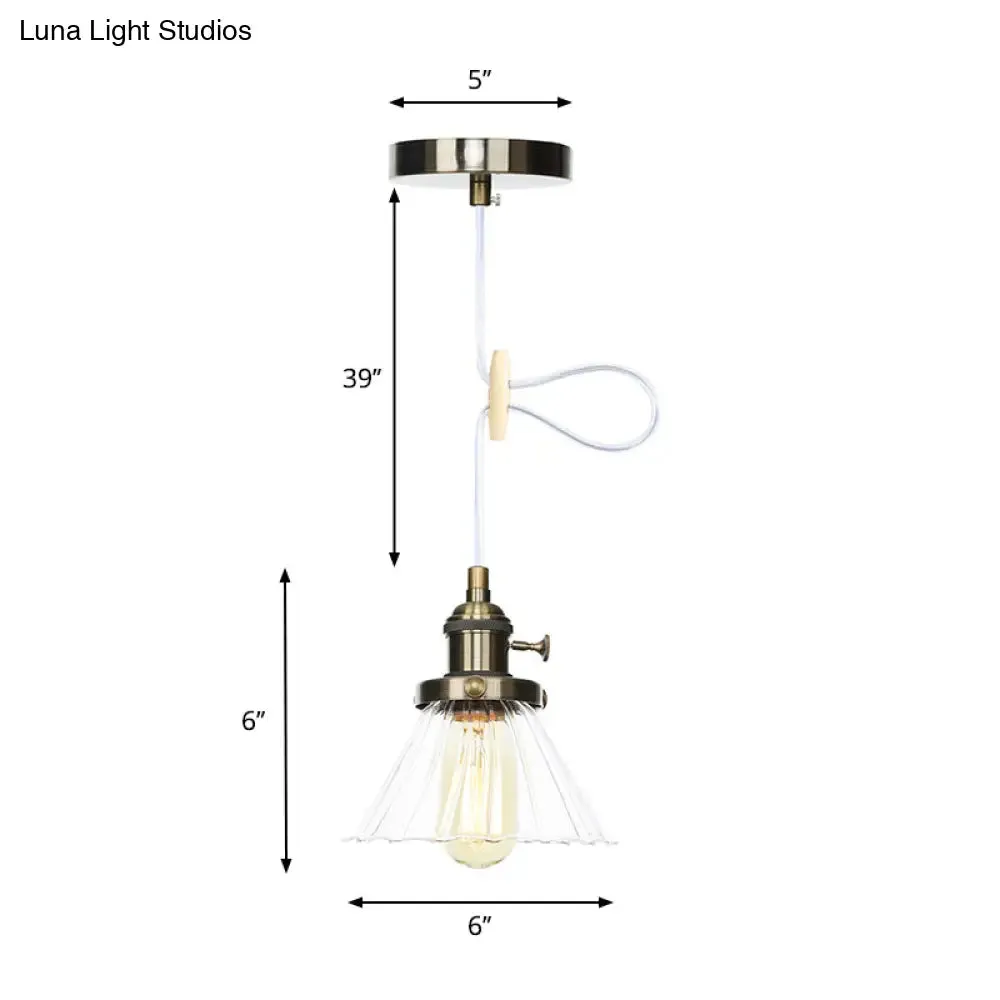 Height-Adjustable 1-Light Industrial Conic Pendant Lamp with Amber/Clear Glass for Coffee Shops - Available in Black, Bronze, and Brass