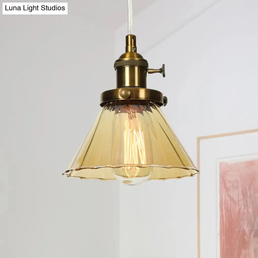 Height-Adjustable 1-Light Industrial Conic Pendant Lamp with Amber/Clear Glass for Coffee Shops - Available in Black, Bronze, and Brass