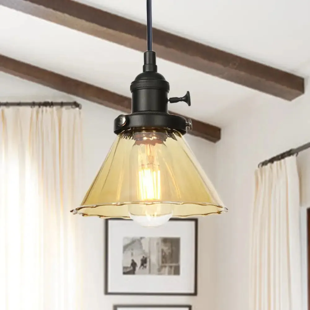 Height-Adjustable 1-Light Industrial Conic Pendant Lamp with Amber/Clear Glass for Coffee Shops - Available in Black, Bronze, and Brass