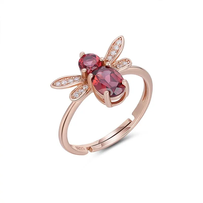 Honey Bee Design Ruby Rose Gold 925 Sterling Silver Resizable Ring