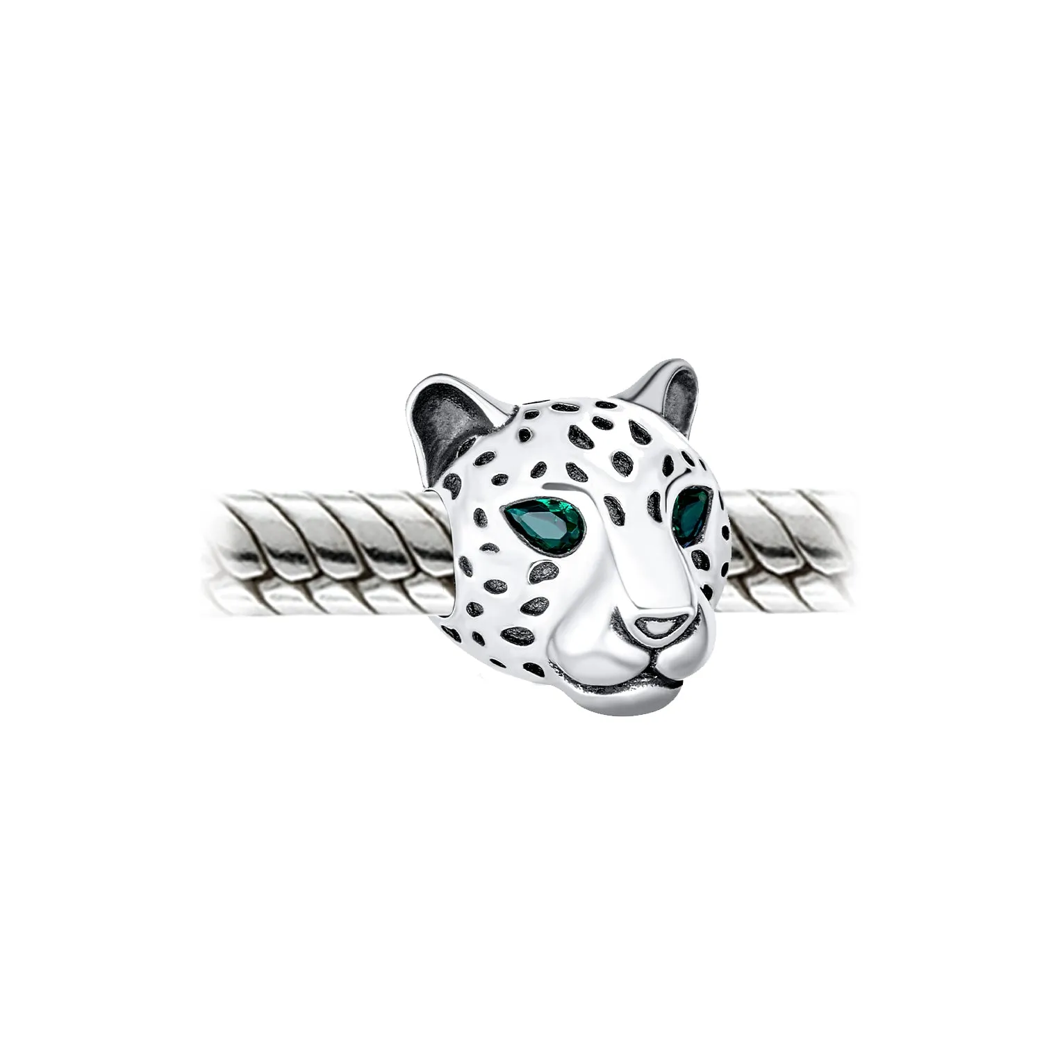 Jaguar Panther Charm Bead with Green CZ Eyes in Oxidized Sterling Silver for Bracelets