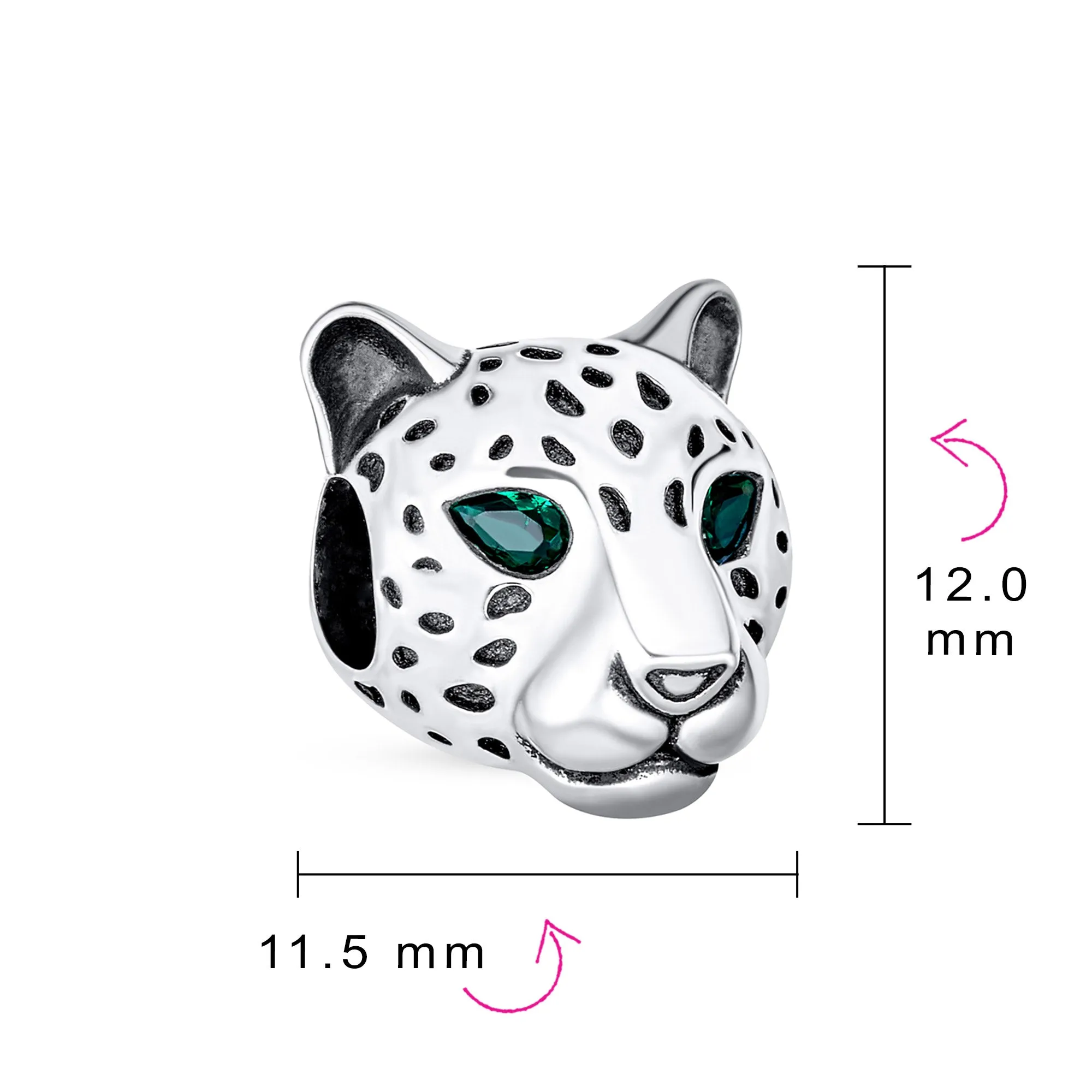 Jaguar Panther Charm Bead with Green CZ Eyes in Oxidized Sterling Silver for Bracelets