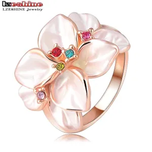 LZESHINE Christmas Big Sale Jewelry Ring Rose Gold Color Austrian Crystal White Enamel Flower Ring for Women anillos Ri-HQ1006