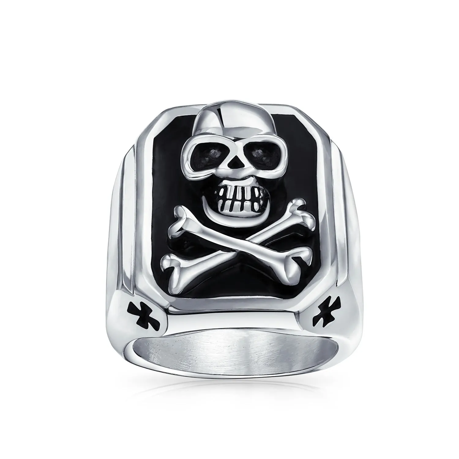 Mens Stainless Steel Black Pirate Skull Crossbones Signet Ring Silver Tone