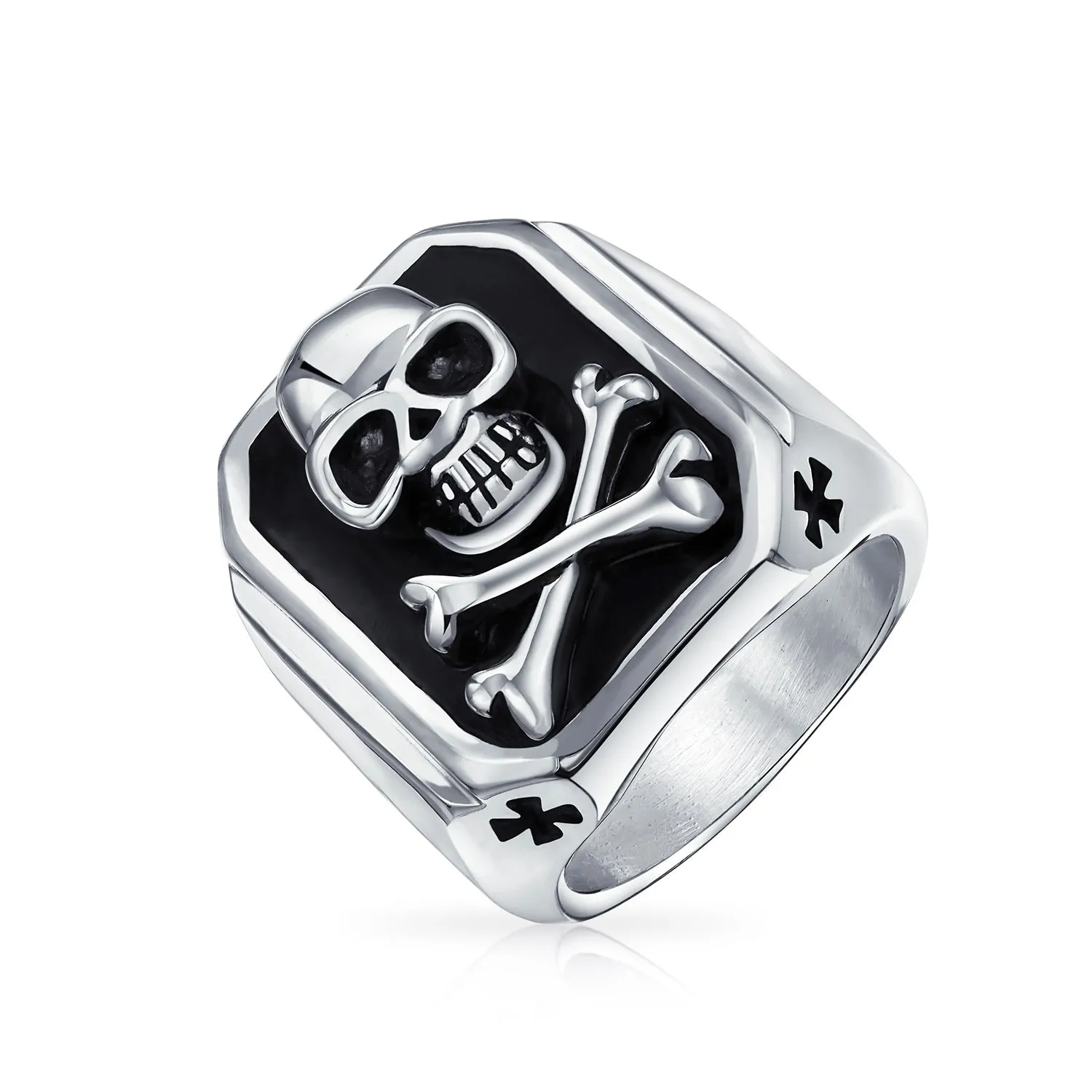 Mens Stainless Steel Black Pirate Skull Crossbones Signet Ring Silver Tone