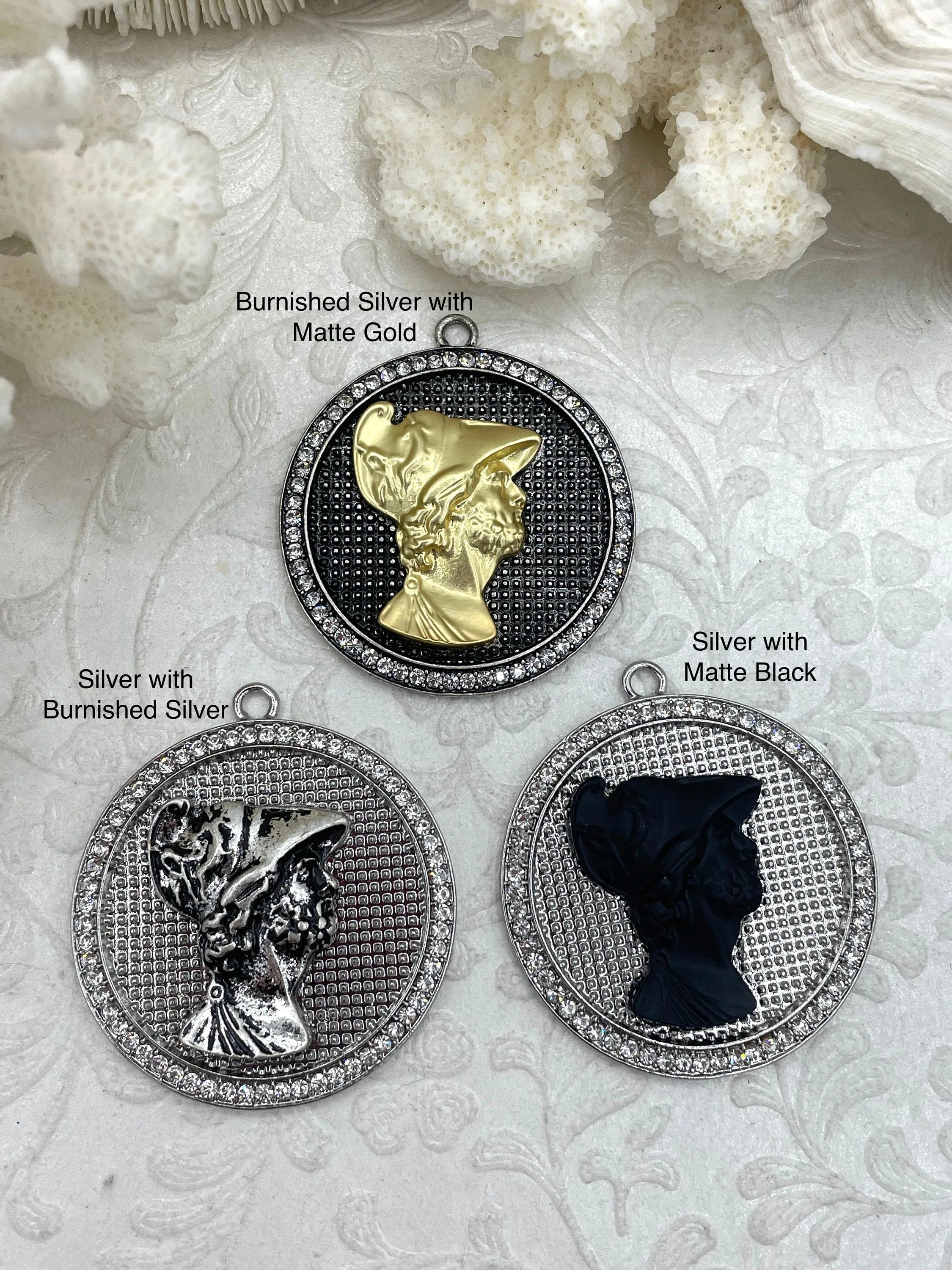 Mixed Metal Roman Figure Pendant with CZ, Round Roman Charm, 3 Styles Roman Figure Pendant, Zinc Alloy & Cubic Zirconia, Fast Ship