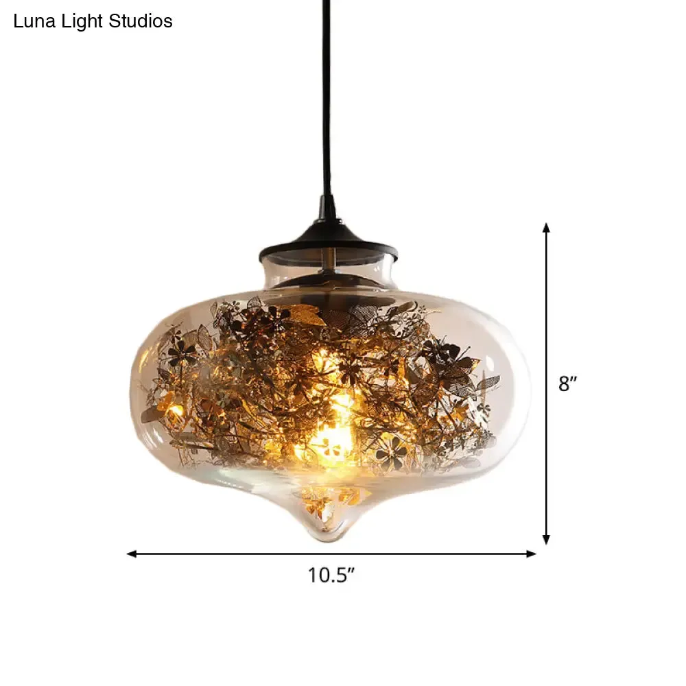 Modern Black Glass Oval Hanging Ceiling Lamp with Shattered Leaf Deco