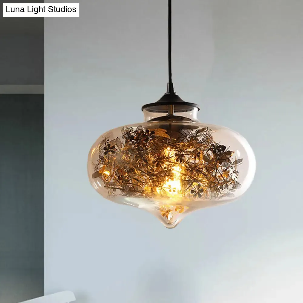 Modern Black Glass Oval Hanging Ceiling Lamp with Shattered Leaf Deco