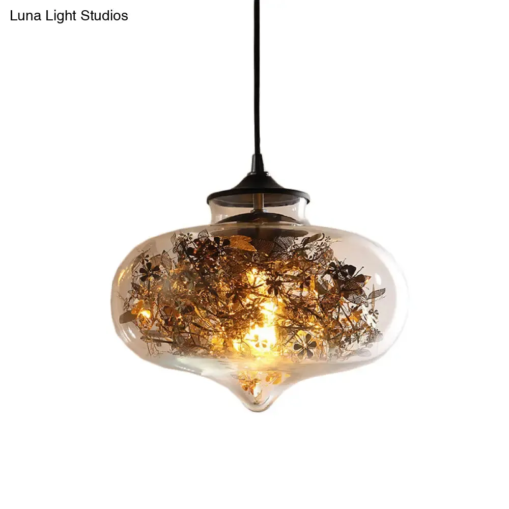 Modern Black Glass Oval Hanging Ceiling Lamp with Shattered Leaf Deco