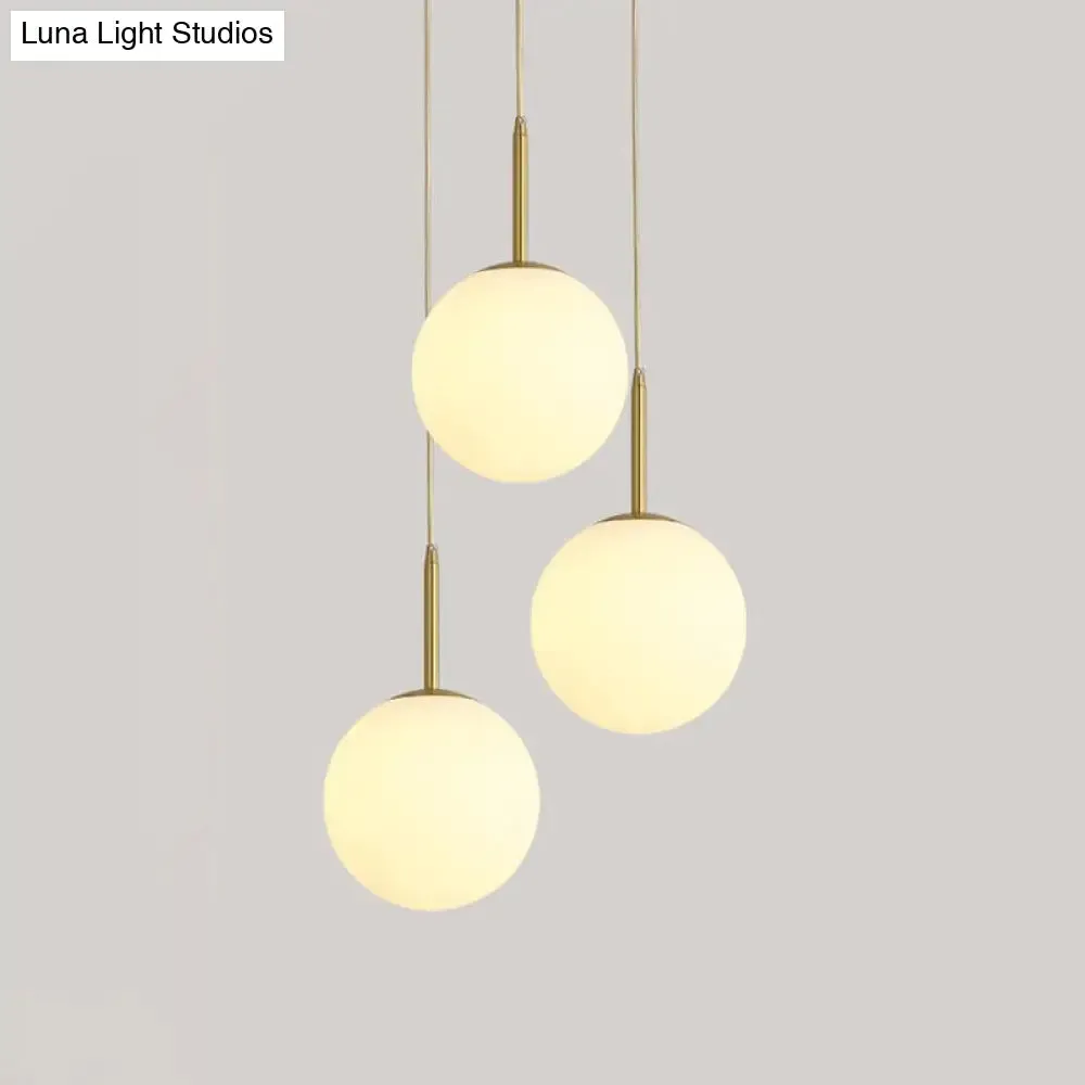 Modern Glass Orb Ceiling Light with 3 Brass Lights - White Pendant Lamp