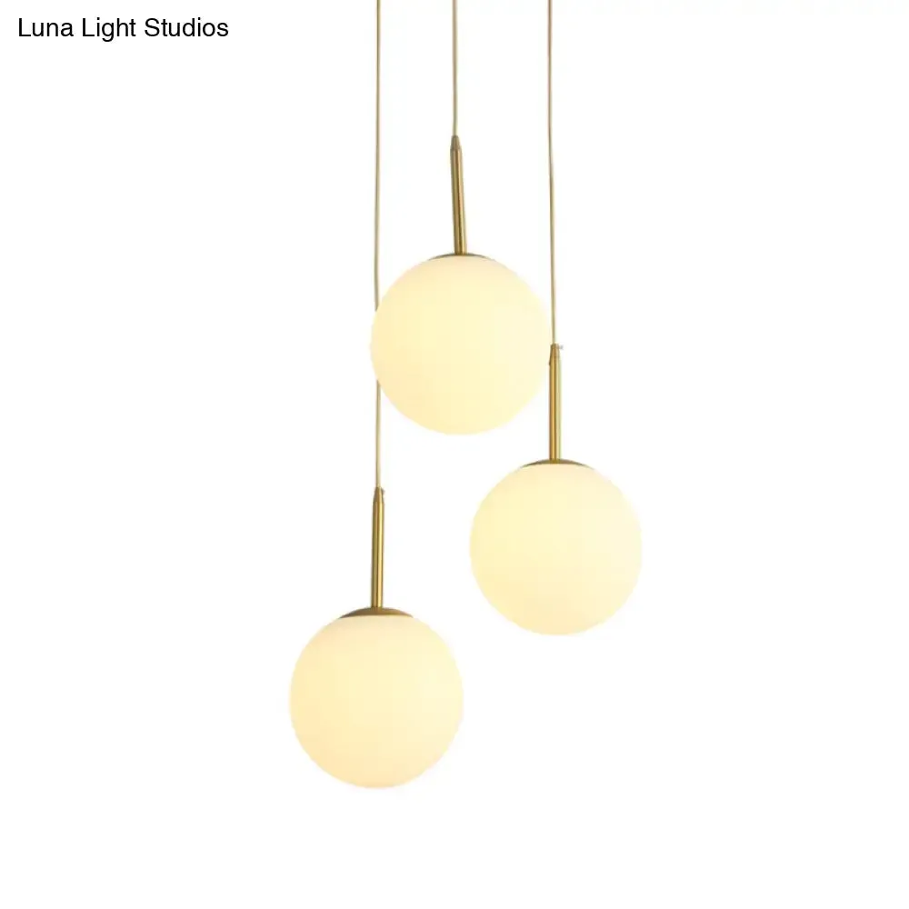 Modern Glass Orb Ceiling Light with 3 Brass Lights - White Pendant Lamp