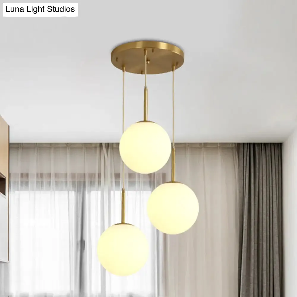 Modern Glass Orb Ceiling Light with 3 Brass Lights - White Pendant Lamp